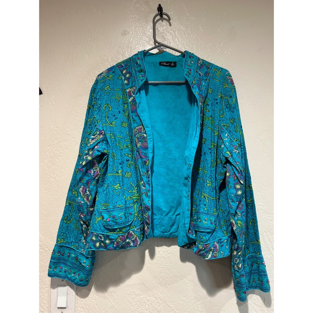 Phool Turquoise Floral Beaded Jacket 1X Women's Embroidered Blazer